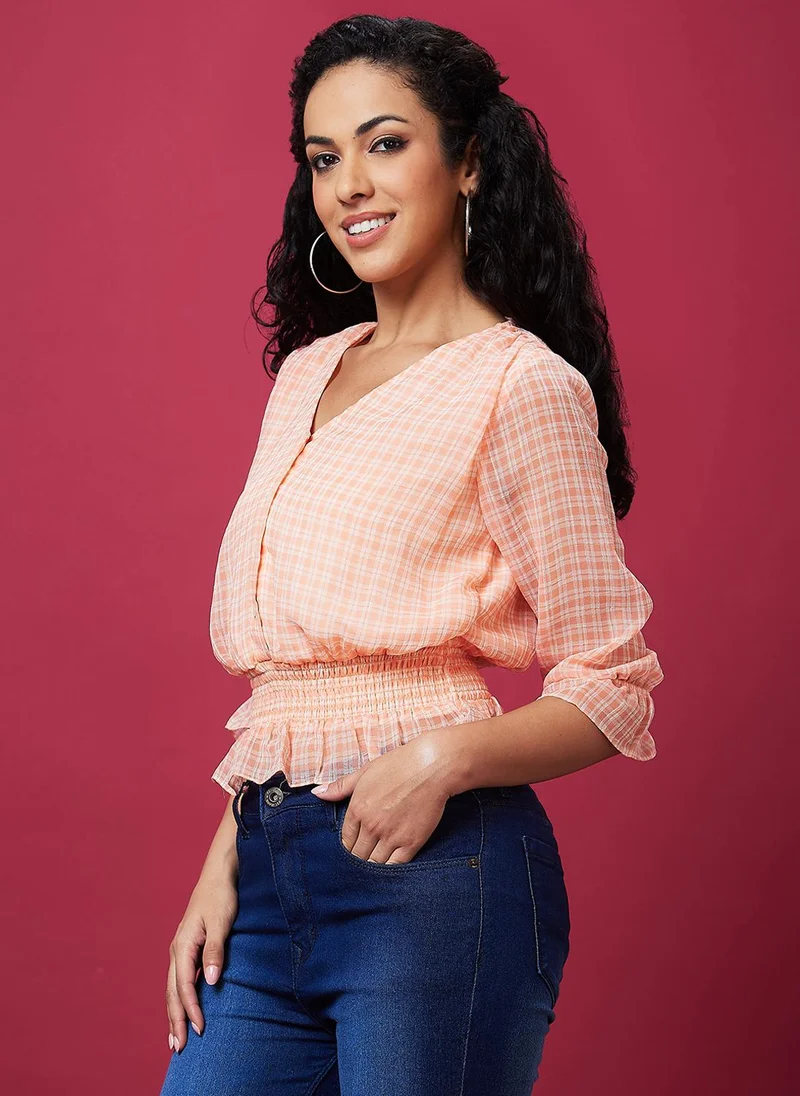 globus Globus Women Geometric Printed V-Neck Smocked Blouson Top